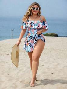 Swim Lushoire Traje de baño de 2 piezas para mujer de talla grande, estilo casual de resort, con impresión aleatoria, tirantes tipo espagueti, volantes en los hombros, cintura con trabilla y falda de línea A con abertura lateral - Multicolor - Ver 5