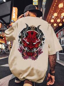 Men's Casual Short Sleeve Graphic Print T-Shirt - Bold Flame And Flower Design, Regular Fit, Summer Streetwear, White With Red/Yellow Art, Street Style, Stylized Face Design, Striking Contrast - 白色 - 查看 6