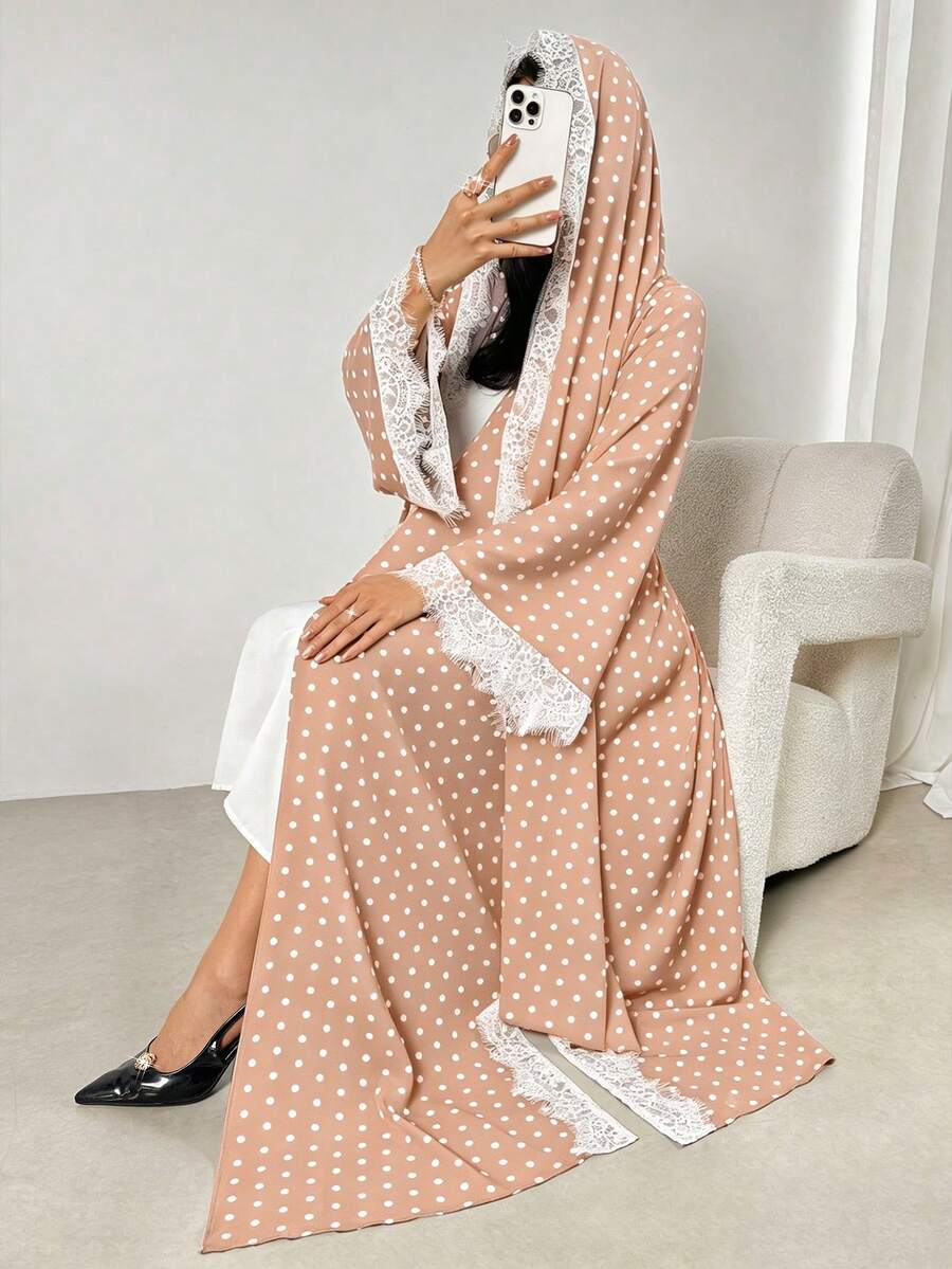 女款波點印花蕾絲拼接長袍 粉色 秋季 - 粉色 - 查看 1