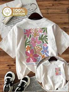 Summer T-Shirts [Double-Sided Printing] Spring-Summer Women's Fashion T-Shirt Illustration Style Floral Print With The Phrase "FINDING MY OWN PATH GRO - 白色 - 查看 10