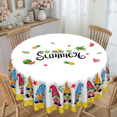 1pc Cartoon Summer Gnome, Pineapple & Watermelon Print Tablecloth - 100% Polyester, Summer Pattern Design, Summer Decor, Summer Print Tablecloth, Polyester Round/Rectangular Tablecloth, Ideal For Indoor/Outdoor Dining Table Decor, Home Decoration