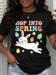 Camiseta Casual "Salta a la Primavera" Blanca con Estampado de Conejo de Pascua y Huevos Coloridos para la Temporada de Primavera - Negro - Ver 6