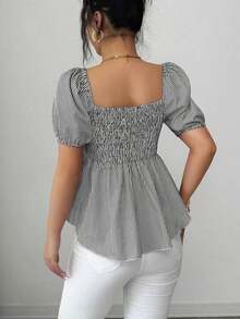 Elenzya Nueva llegada Blusa casual de uso diario para mujer con diseño minimalista, cuello cuadrado, lazo en la cintura y rayas azul francés y blancas - Negro - Ver 8