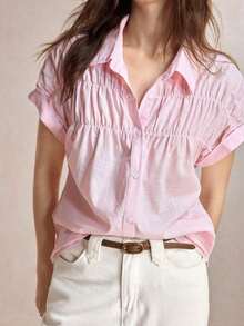 Camisa casual de mujer de unicolor con bordado, estilo retro de los 90, patrón de bordado de caballo, puños vueltos, atuendo básico diario, camisa casual de primavera/verano, adecuada para vacaciones de mujer, ocio de verano, brunch en la playa, salidas, citas, viajes al trabajo, negocios, ocasiones sociales - Rosa - Ver 2