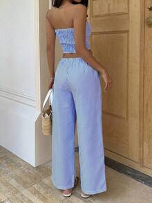 Conjunto casual de top bandeau a rayas y pantalones largos con cordón en la cintura para mujer - Azul - Ver 2