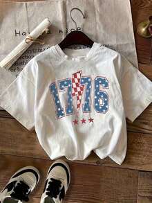 1 Women's 90s Style Summer T-Shirt, Round Neck, Printed With The Date 1776, April 7th In The United States, 180g 100% Cotton. - 白色 - 查看 4