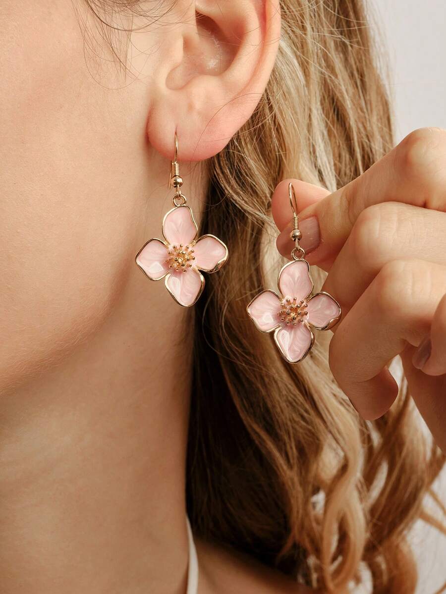 Nocturel 1 Pair Fashionable, Elegant, Luxury, Sweet, Minimalist, Versatile Enamel 4-Petal, 5-Leaf, 6-Leaf, Daisy Floral Earrings In Pink, White, Magenta, Orange, Purple, Red, Green, Suitable For Spring/Summer Everyday And Holiday Wear - Pink - View 1
