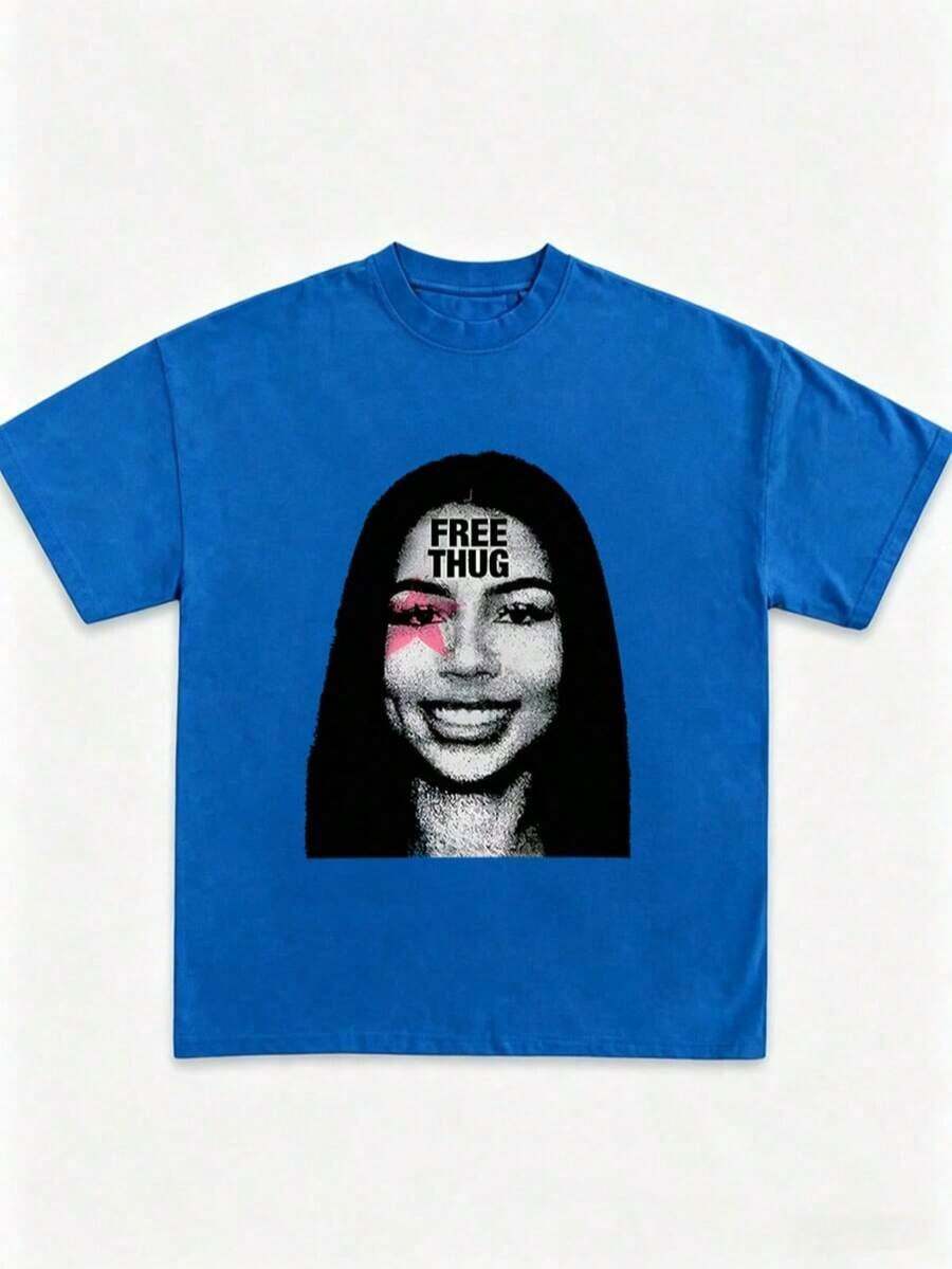 Unisex Mariah Hip Hop Graphic Tee, 100% Cotton Crew Neck Oversized Short Sleeve T-Shirt, Vintage Y2K Streetwear Printed Casual Tops For Men Women - 藍色 - 查看 1