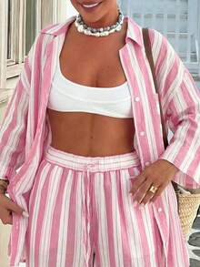 Nuevo conjunto elegante y casual de camisa bohemia a rayas con bolsillo anudado, adecuado para playa, resort, calle y aeropuerto en primavera - Rosa - Ver 3