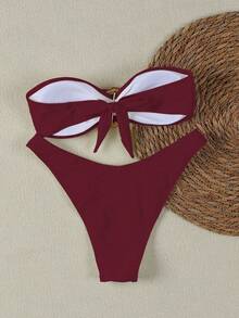 New Strapless Black Bikini Set, Sexy Elegant Beach Holiday Party Date Swimwear Vacation - Burgundy - View 2