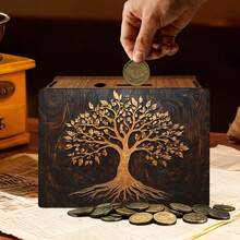 1pc Decorative Handmade Wooden Piggy Bank, Reusable Vintage Wooden Coin Box, 2D Rectangular Coin Box With Golden Tree Pattern, For Home & Office Decor - Multicolor - View 2