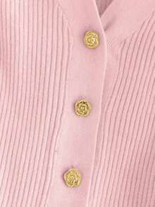 Vestido de punto casual y elegante de uso diario y versátil con cuello en V, hombros rectos y manga corta, talla grande con ajuste ceñido, diseño de botones metálicos color rosa y bajo plisado con forma de paraguas, vestido de manga corta para vacaciones, primavera y verano - Rosa - Ver 4
