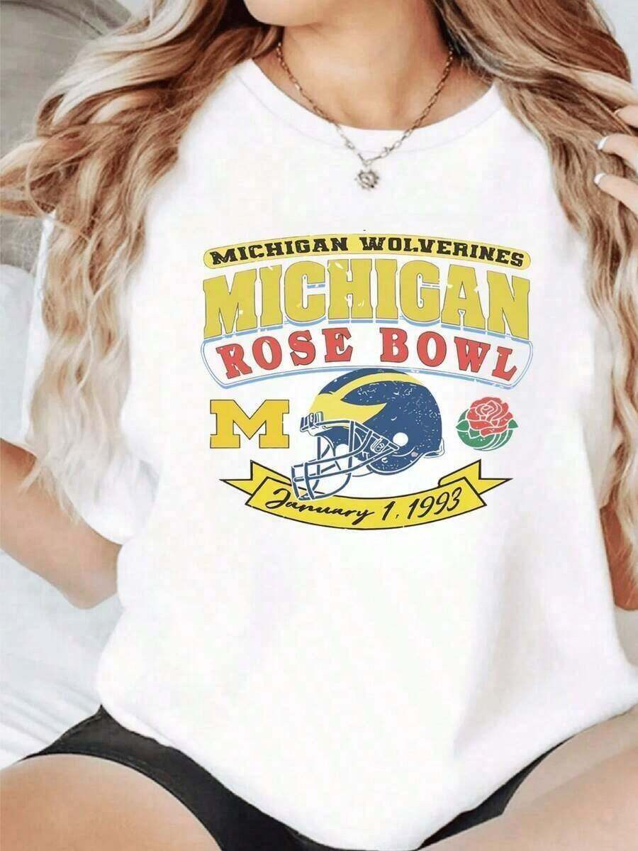 Men's 100% Cotton Casual T-Shirt, Vintage Graphic Print Of The Michigan Wolverines Rose Bowl 1993, Retro Style, Short Sleeve, Limited Edition, Digital Print, Must-Have - 白色 - 查看 1