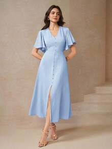 Vestido de verano de longitud de muslo con abertura, frente con botones y mangas mariposa elegante para mujer - Niebla azul - Ver 7