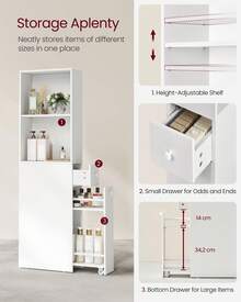 VASAGLE Slim Bathroom Storage Cabinet, Narrow Freestanding Cabinet With Storage Drawers And Adjustable Shelf, For Small Spaces, Modern Style - Cloud White - View 4