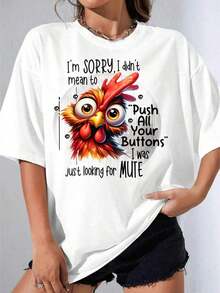 Women's Black And White Cotton T-Shirt With White Chicken Face Print And Funny Text: "Sorry, I Didn't Mean To Push All Your Buttons, I Was Just Looking For Something Casual And Discreet For Women And Men, For Outdoor Parties, Casual Printed T-Shirt. - 白色 - 查看 1