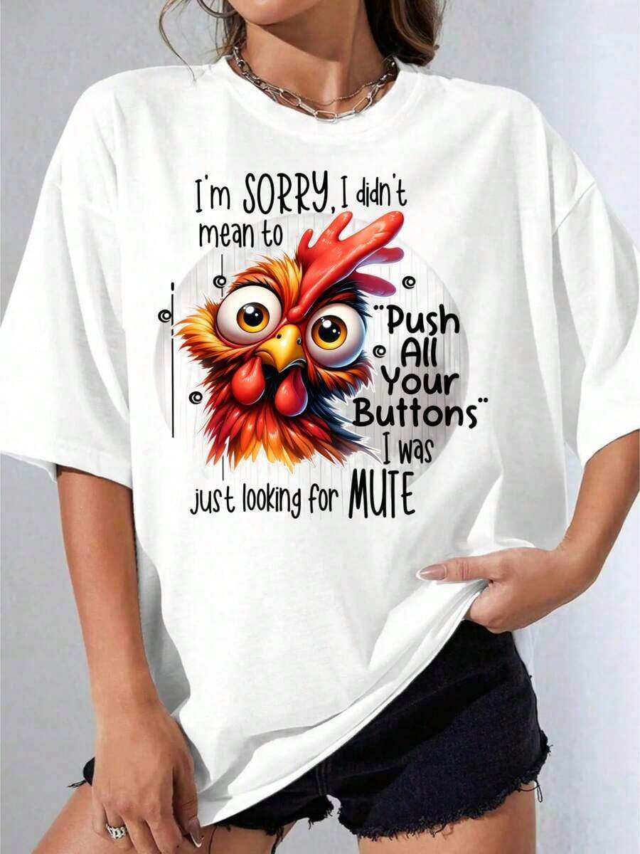 Women's Black And White Cotton T-Shirt With White Chicken Face Print And Funny Text: "Sorry, I Didn't Mean To Push All Your Buttons, I Was Just Looking For Something Casual And Discreet For Women And Men, For Outdoor Parties, Casual Printed T-Shirt. - 白色 - 查看 1