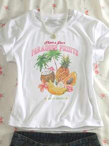 [Summer Blouse With Print] 1 Women's Casual Fitted Blouse, Vacation Style With Coconut, Pineapple, Papaya, Banana, Dragon Fruit, Palm Flower, Star, Fruit And English Letter Print, Creative Design, American Summer Clothes In Ins Style - 白色 - 查看 12