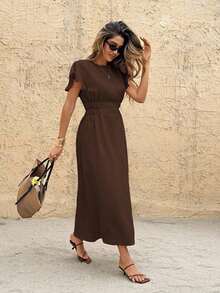 Vestido de manga corta con cuello redondo a rayas, cintura ceñida y largo medio para mujer - Marrón 3 - Ver 7
