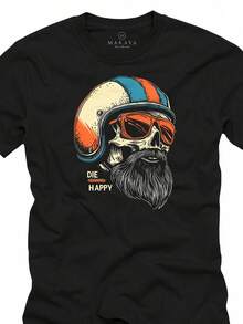 Camiseta masculina estilo motociclista com estampa de caveira, capacete e barba | Motivo divertido e descontraído para motociclistas, gola redonda casual, tecido levemente elástico, modelagem regular, perfeita para todas as estações, folgada e confortável. - Branco - Ver 7