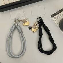 1件/2件 精緻仿金屬心形編織手機腕帶，黑銀雙色粗扭繩，壓克力花朵手機吊飾，極具吸引力的手機配件 - 山茶花愛心掛繩片 - 查看 4