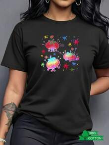 New 2026 Collection: Cotton T-Shirt With Anime Letter Print, Women's Round Neck T-Shirt With Simple Design, Comfortable, Soft And Breathable, Suitable For Casual Daily Wear, Showing A Natural And Refreshing Style, A Must-Have For Parties, Local Shipping, Strawberry Design With Green Strawberry Leaves, Lightweight Cotton. - 黑色 - 查看 1