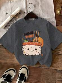 Women's Casual Summer T-Shirt, Women's Summer Clothes, Short Sleeve T-Shirt, Modern Y2k Style, Casual Sporty, With Cartoon Sushi Print SUSHI TIME, Round Neck T-Shirt With Creative And Fashionable Letter Print. - 白色 - 查看 11