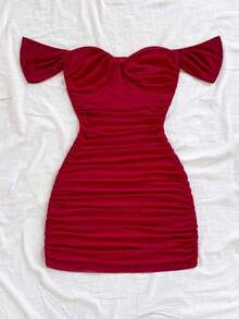 Off-The-Shoulder Fitted Knit Mesh Holiday Dress - Red - View 6
