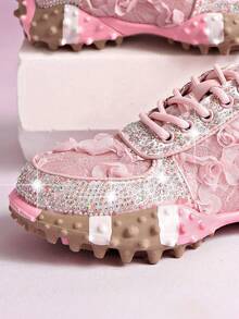 Women's Sparkly Rhinestone Floral Lace Platform Sneakers, Pink Lace-Up Non-Slip Casual Shoes - Pink - View 6