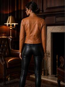 Women's Faux Leather High Neck Premium Winter Jacket, Elegant, Stylish, Cute, Casual, PU Leather, Zipper Jacket, Night, Vacation, Daily - Lạc đà - Xem 4