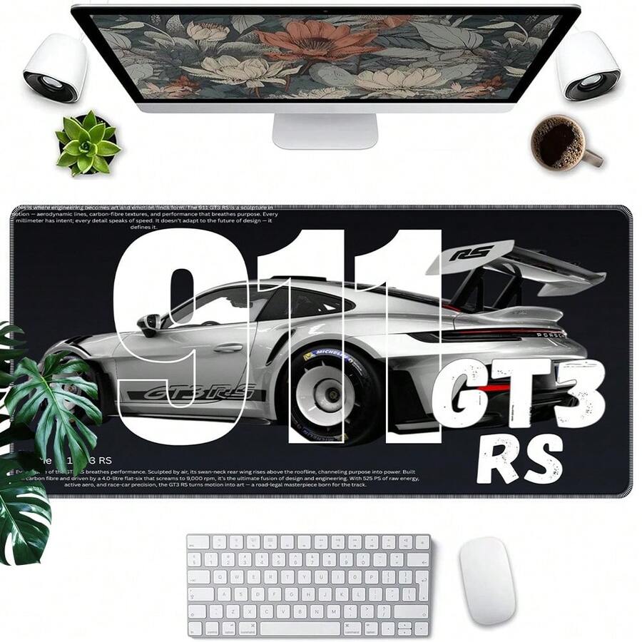 1 件装保时捷 911 GT3 RS 加长型游戏鼠标垫，大型印花跑车图案桌面垫，黑白赛车美学键盘垫，带防滑底座，适合游戏玩家和汽车爱好者家居装饰 - 查看 1