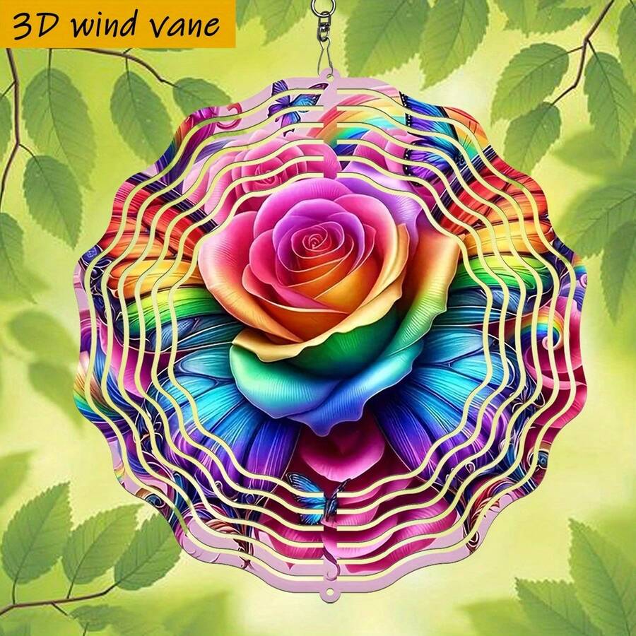 1件3D彩色蝴蝶环绕璀璨玫瑰花摆件，10英寸*10英寸，带旋转挂钩，360° DIY创意旋转装饰套装，随风旋转，安装简便，适合圣诞节、万圣节及其他节日礼物（不含吊坠），款式随机。