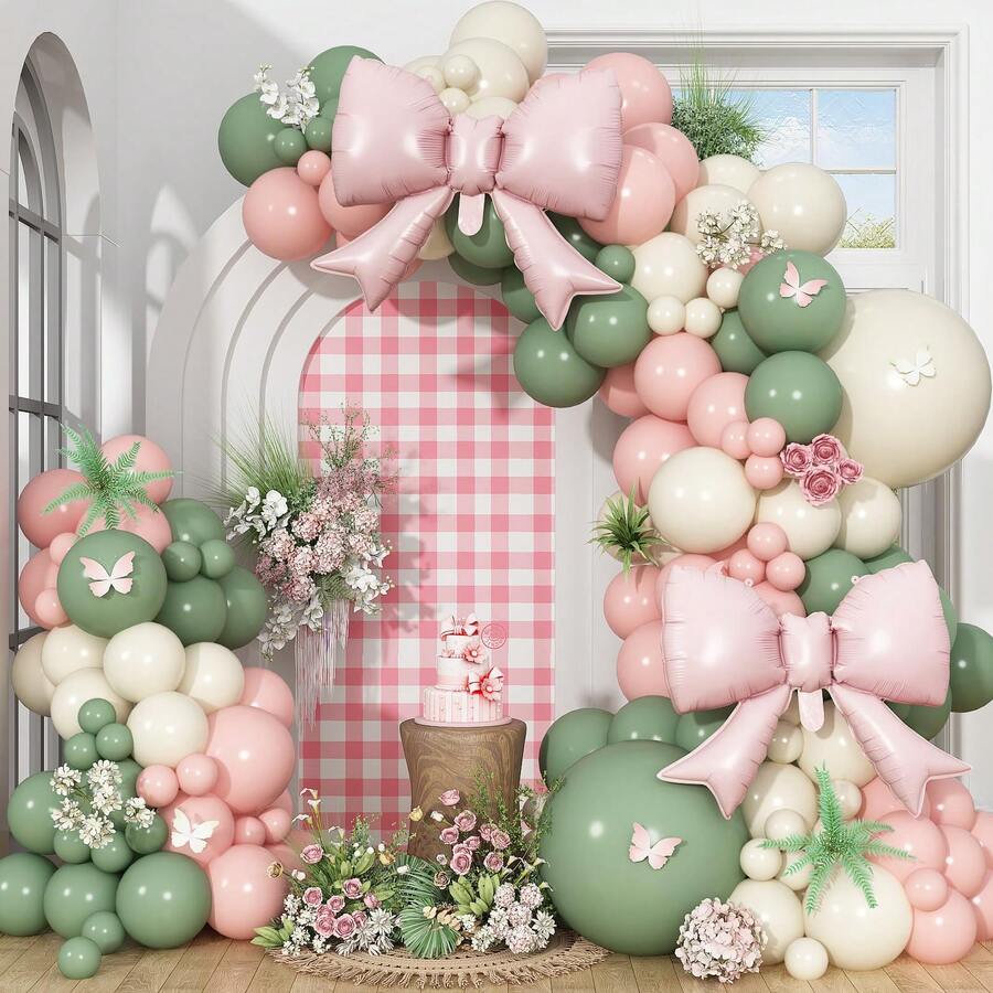 107 Stücke Grün, Rosa, Sand, Weiß Ballonbogen Girlanden Set, geeignet für Jungen, Mädchen, Kindergeburtstag, Babyparty, Hochzeitsfeier Dekoration - Verschiedenfarbig - Übersicht 1