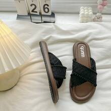 Thick Sole Outdoor Slip-On Sandals For Women, Minimalist Criss-Cross Design, Breathable Beach Slippers, Summer New Arrival - Black - View 6