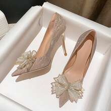 High Heels For Slim, Pointed-Toe Women, Sexy Gold Wedding Shoes, Bridesmaid Shoes, French Girls, Silver Bow Shoes, Women's High Heels - 金色 - 查看 6