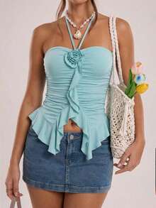Top halter verde menta con decoración floral 3D y dobladillo con volantes, longitud corta - Verde - Ver 3
