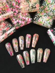 10片玫瑰蕾絲花卉印花春季美甲貼紙，彩色優雅牡丹花美甲貼花，夏季婚禮美甲裝飾DIY美甲貼花（非黏性） - 彩色 - 查看 6