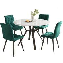 Dining Room Table And Chairs Set (5 Pieces), Modern And Minimalist Style. Round Marble Table, Black Metal Table Legs + 4 Ergonomic Green Suede Chairs. - Black and White - View 1