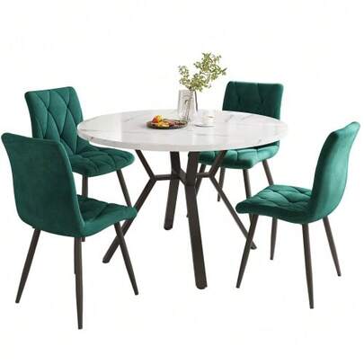 Dining Room Table And Chairs Set (5 Pieces), Modern And Minimalist Style. Round Marble Table, Black Metal Table Legs + 4 Ergonomic Green Suede Chairs.