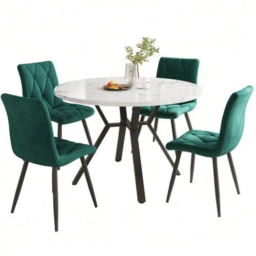 Dining Room Table And Chairs Set (5 Pieces), Modern And Minimalist Style. Round Marble Table, Black Metal Table Legs + 4 Ergonomic Green Suede Chairs. - Black and White - View 1