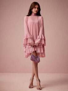 Vestido línea A de unicolor elegante con mangas volantes para mujeres - Rosa - Ver 5