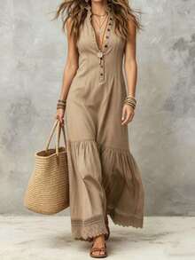 Vestido caqui para mujer, estilo vacacional, vestidos de playa para mujer, vestidos de verano para mujer - Caqui - Ver 6