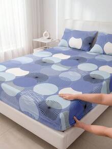1 pieza Sábana ajustada suave y cómoda, funda protectora de colchón, suave para la piel, para uso en todas las estaciones, resistente al polvo y al deslizamiento. Adecuado para camas individuales, dobles, queen y king. Con diseño de patrón circular azul. Lavable a máquina (excluye la funda de almohada). Regalo ideal para vacaciones y nuevo artículo de primavera/verano. - Multicolor - Ver 6