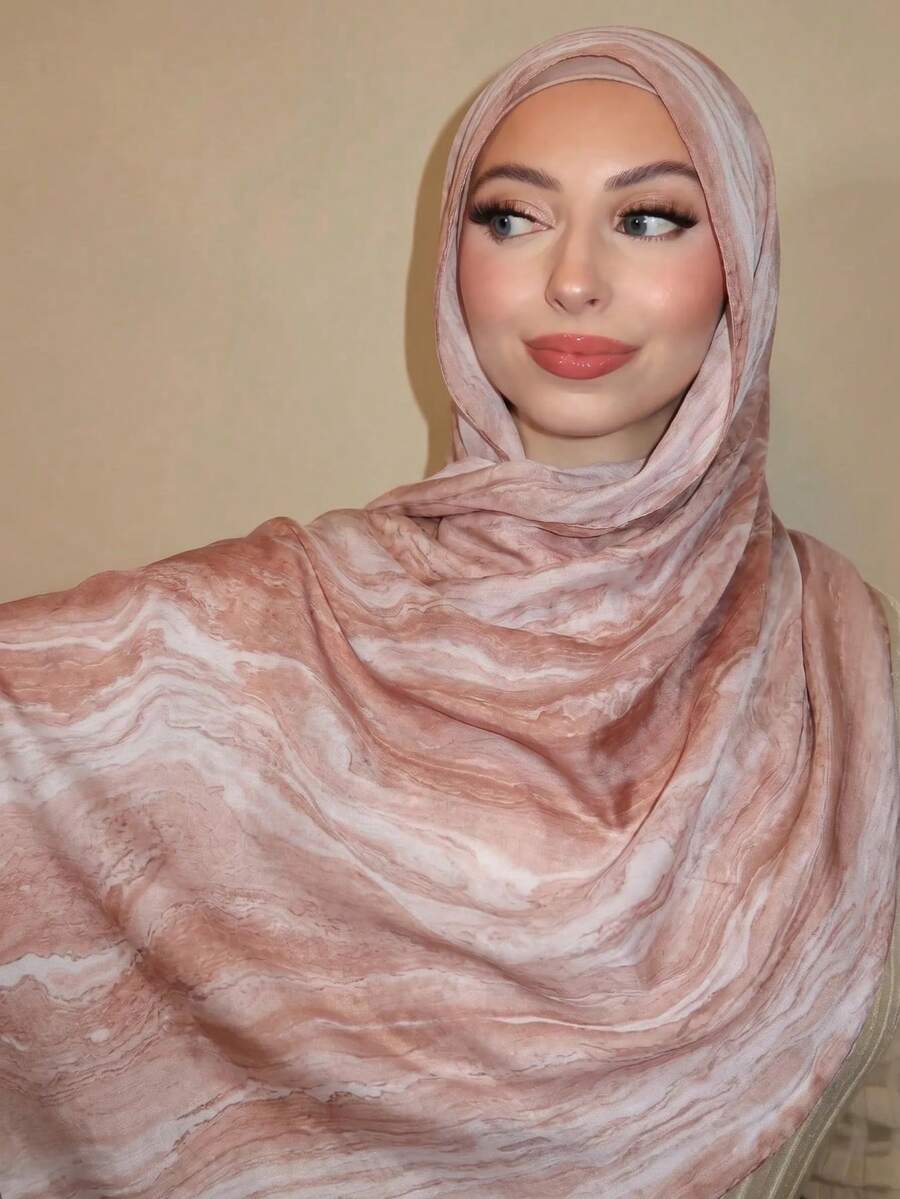 1pc Women's Bohemian Style Watercolor Marble Water Ripple Print Scarf Headwrap, Suitable For Daily Wear - Coral Orange - View 1