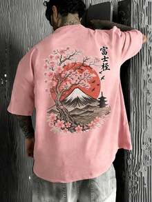 The Hottest Item Of The Summer: Men's Short-Sleeved Crew Neck T-Shirt With Embroidered Sakura And Mountain Print, Minimalist Summer Fashion. | Basic Casual Urban Style T-Shirt, Boyfriend Gift, Stylish, Popular, Party T-Shirt. - 粉色 - 查看 5