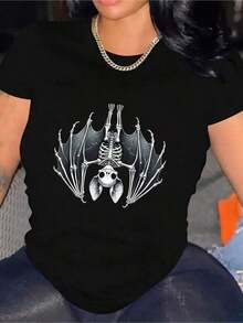 Women's Casual Black T-Shirt With Skull And Bat Print, Short Sleeve, Round Neck, Comfortable For Summer, Casual Summer Wear, Bold Graphic T-Shirt, Comfortable Fit. - 黑色 - 查看 7