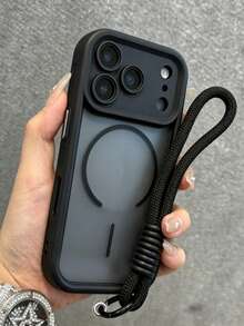 半透明磨砂相機保護磁吸無線充電手機殼 附手腕帶 適用於 iPhone 17 ProMax 17Pro 17Air 17 16 15 14 13 12 11 Pro Max Armor Plus 背蓋 - 黑色+繩 - 查看 2