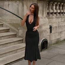 Daleeva Summer, Black Halter Neck Bodycon Dress, Elegant, Date, Birthday, Holiday, Party Casual - Black - View 4