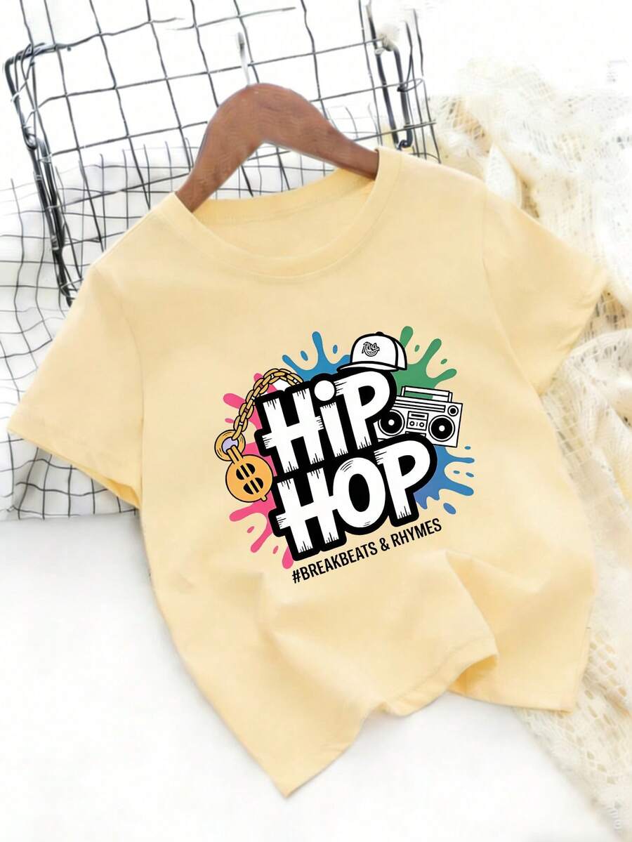 Hip-Hop Style T-Shirt For Boys And Girls, With Urban Culture Prints, Perfect For Casual Street Dance Performances - 灰色 - 查看 1
