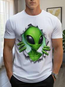 Herren-Grafik-T-Shirt - Weißes T-Shirt mit kräftigem grünem Alien-Gesicht - Leichter, atmungsaktiver Stoff für lässige und formelle Outfits - Alltagstaugliches Sommer-Shirt - Maschinenwaschbares Oberteil in normaler Passform, verspielte Mode, auffälliger Druck, strapazierfähige Verarbeitung, bedrucktes T-Shirt,  Kleidung - Weiss - Übersicht 2